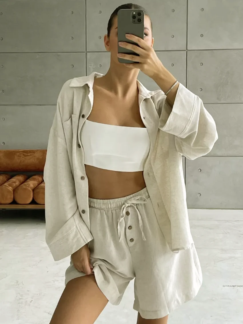 

Parc Fee Fashion Loose Khaki Linen 2 Pieces Set For Woman 2026 Elegant Long Sleeve Shirt With High Waist Shorts Set Female