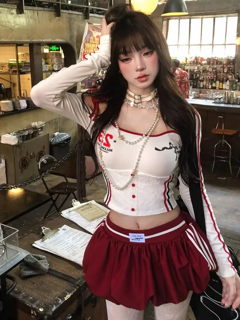 America Sexy Spicy Girl 2 Piece Sets Women Lace-up Vintage Crop Tops + Red Y2k Chic Mini Skirt Female Lace Elegant Set Autumn