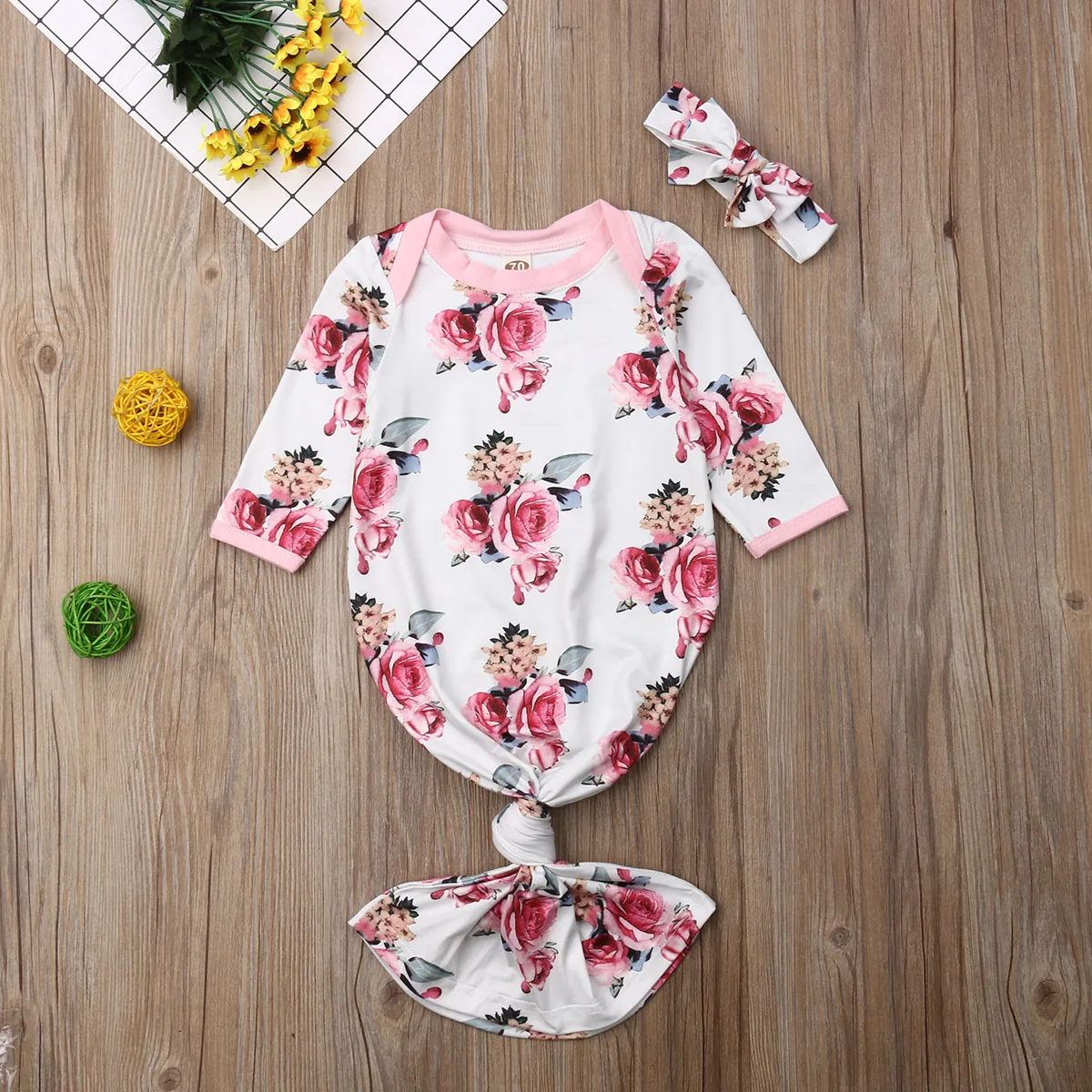 Girl's Pajamas Summer Casual Elegant Long Sleeve U-Neck Flower Printed Long Dress and Butterfly Headband Daily Sleep Sets