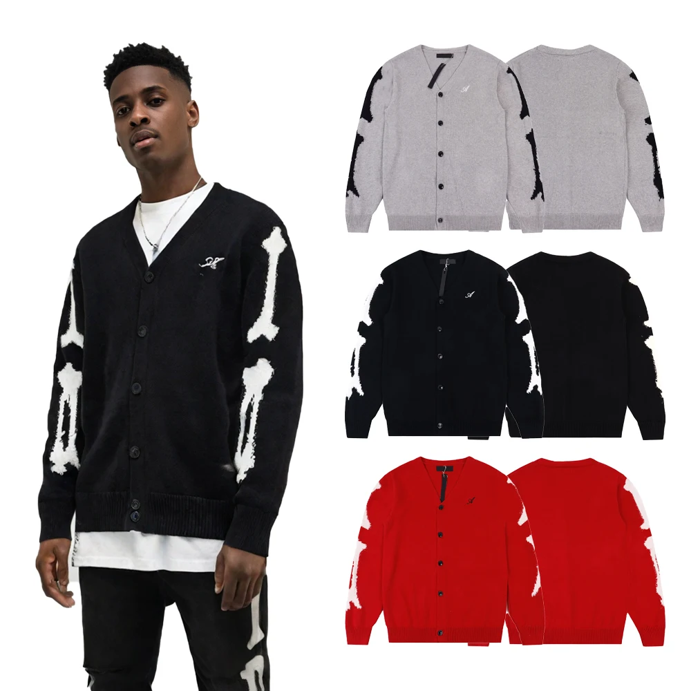 

Autumn Men's Cardigans Streetwear V Neck Knit Hip Hop Street Style Knit Sweater Casual Cotton Bone Patterned Long Sleeve Sweater