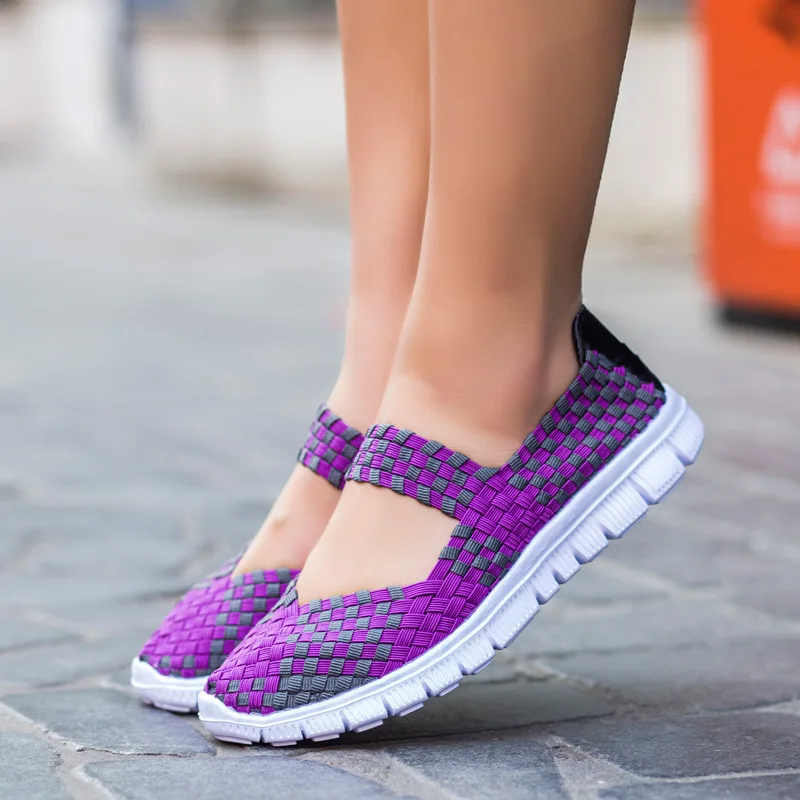 Versatile Lightweight Sneakers Women 2024 Fashion Woven Elastic Casual Shoes Plus Size Colorful Flat Shoes Breathable Zapatillas