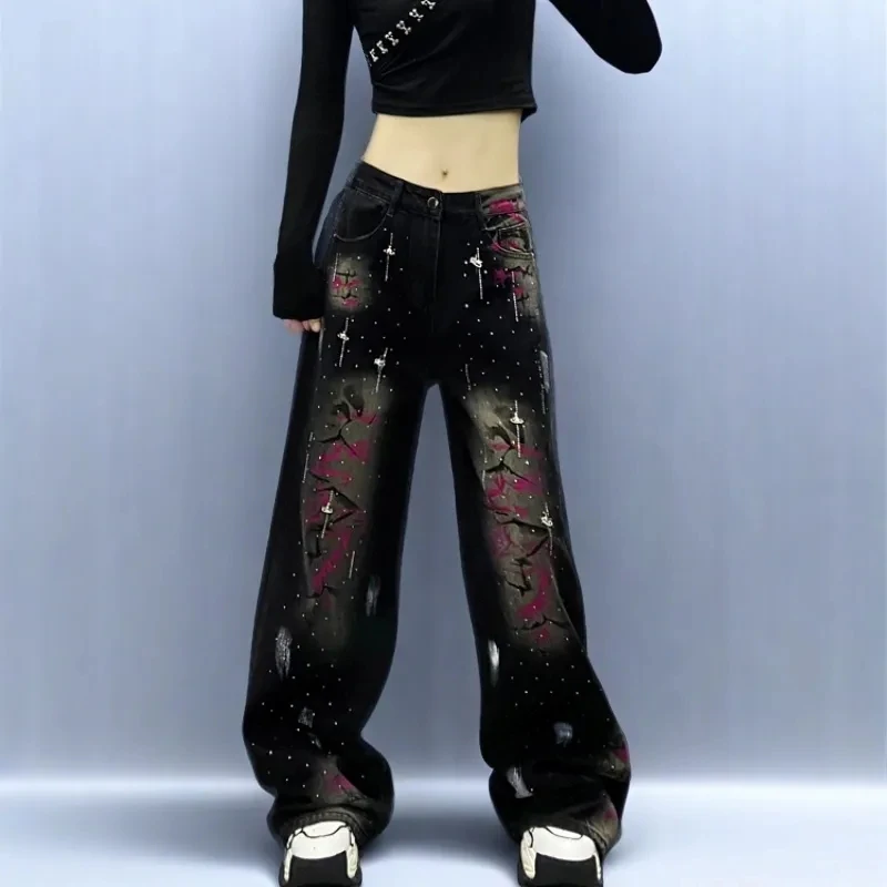 

Korean Jeans Women High Waist Fashion Pantalon Femme Printed Y2k Wide Leg Pants Casual Streetwear Vintage Denim Trousers