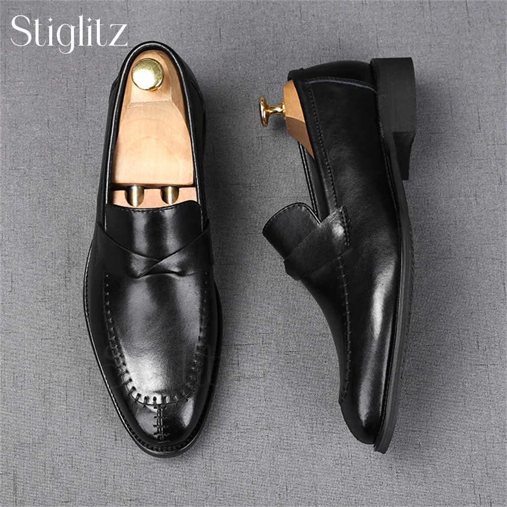 

Concise Style Black Leather Loafers Kink Designer Fashionable Business Men's Dress Shoes Elegant Flat Shoes for Banquet Wedding