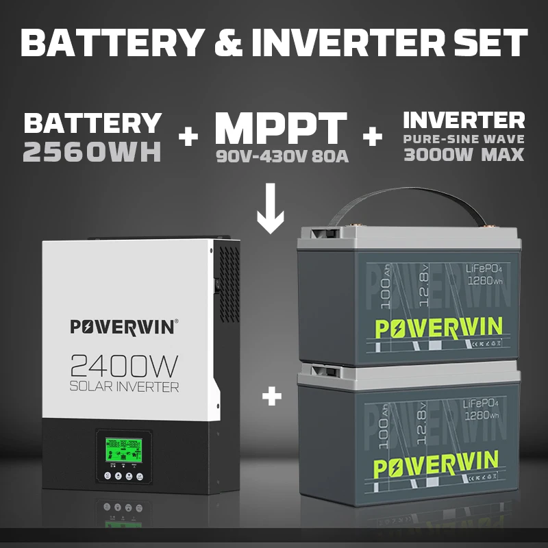 Imagem -02 - Powerwin Bt100 Lifepo4 12v 100ah 1280wh Hi3000 2400w Inversor Solar Híbrido 24v Onda Senoidal Pura 80a Mppt Fora da Rede Lcd 12v Bateria