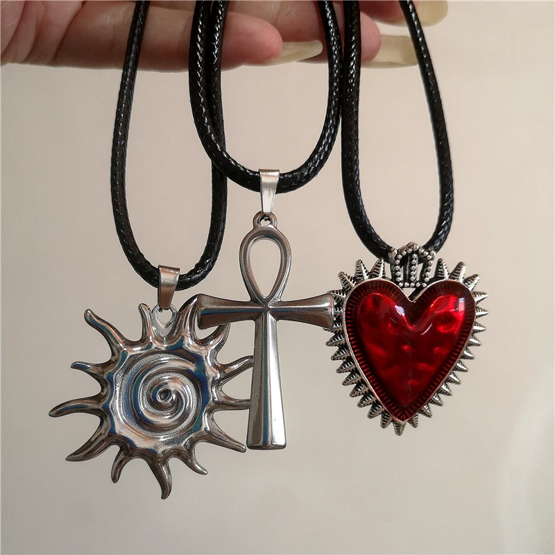 Stainless Steel Metal Vortex Sun Cross Red Heart Pendant Thick Long Leather Rope Necklace Men Women Punk Goth Charm Accessories