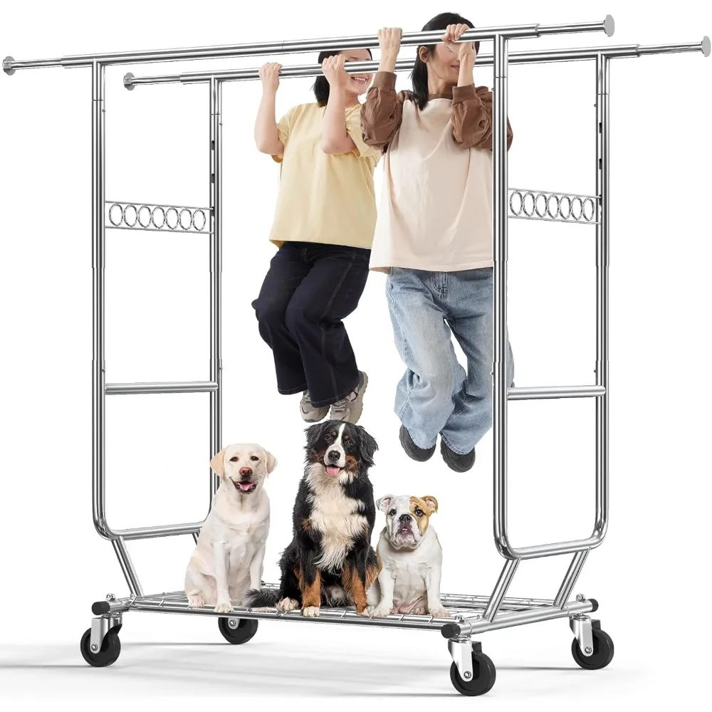

Collapsible clothes rack with wheels, double rod for hanging clothes, commercial portable closet rack with shelves。