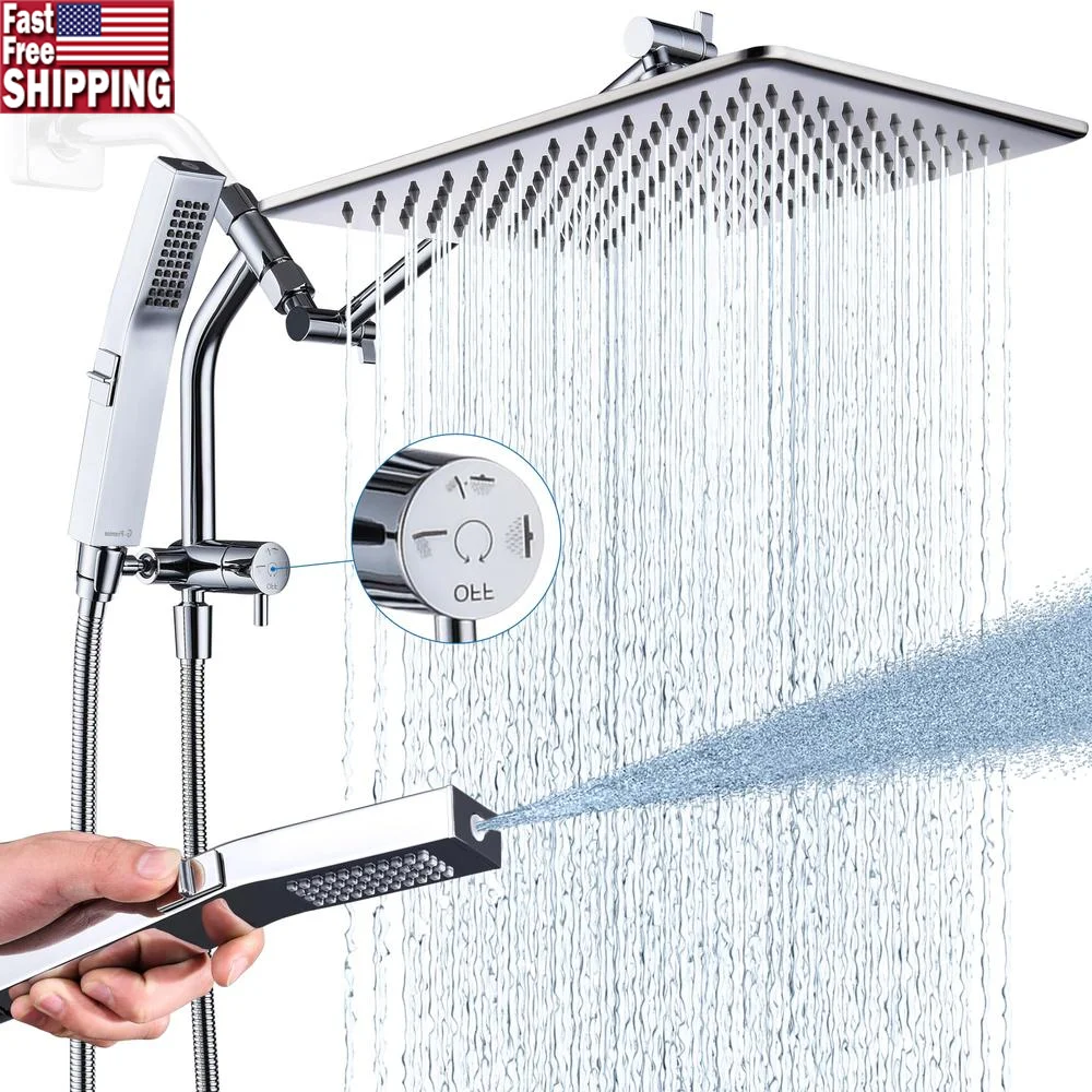 12 Inches Stainless Steel Rain Shower Head with Handheld Power Wash 3-way Diverter Pause Setting 11 Inches Extension Arm