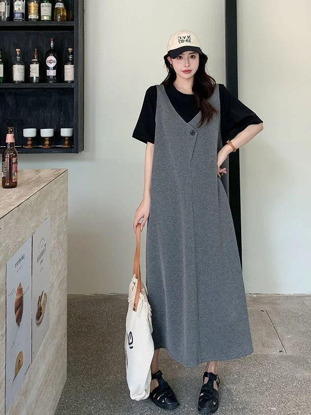 

plus Size Women's Summer Long Loose T-irt Dr Color Blo Fake Two-Piece Straight Cut Button Detail Casual Midi Dr