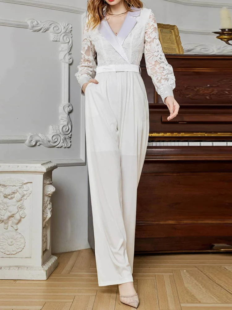 New In Jumpsuit Women Early Autumn Elegant Temperament Belt Long Sleeve Lace Wide Leg Pants White Jumpsuits for Women Trousers