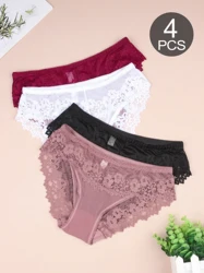 4 PCS Women Brazilian Panties Lace Sexy Girls Underwear Stretchy Solid Color Briefs Female Hollow Out Breathable Underpants