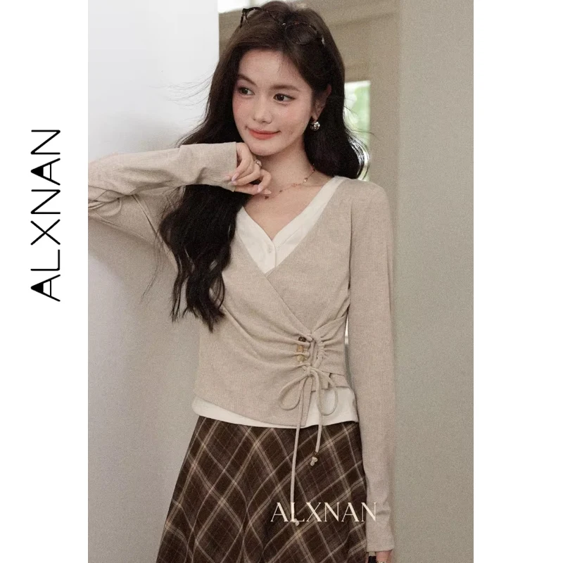 ALXNAN T-shirt a maniche lunghe da donna Design asimmetrico Coulisse Cravatta Dettaglio Autunno Nuovo scollo a V Ritagliata Falsa Top in due pezzi L569112