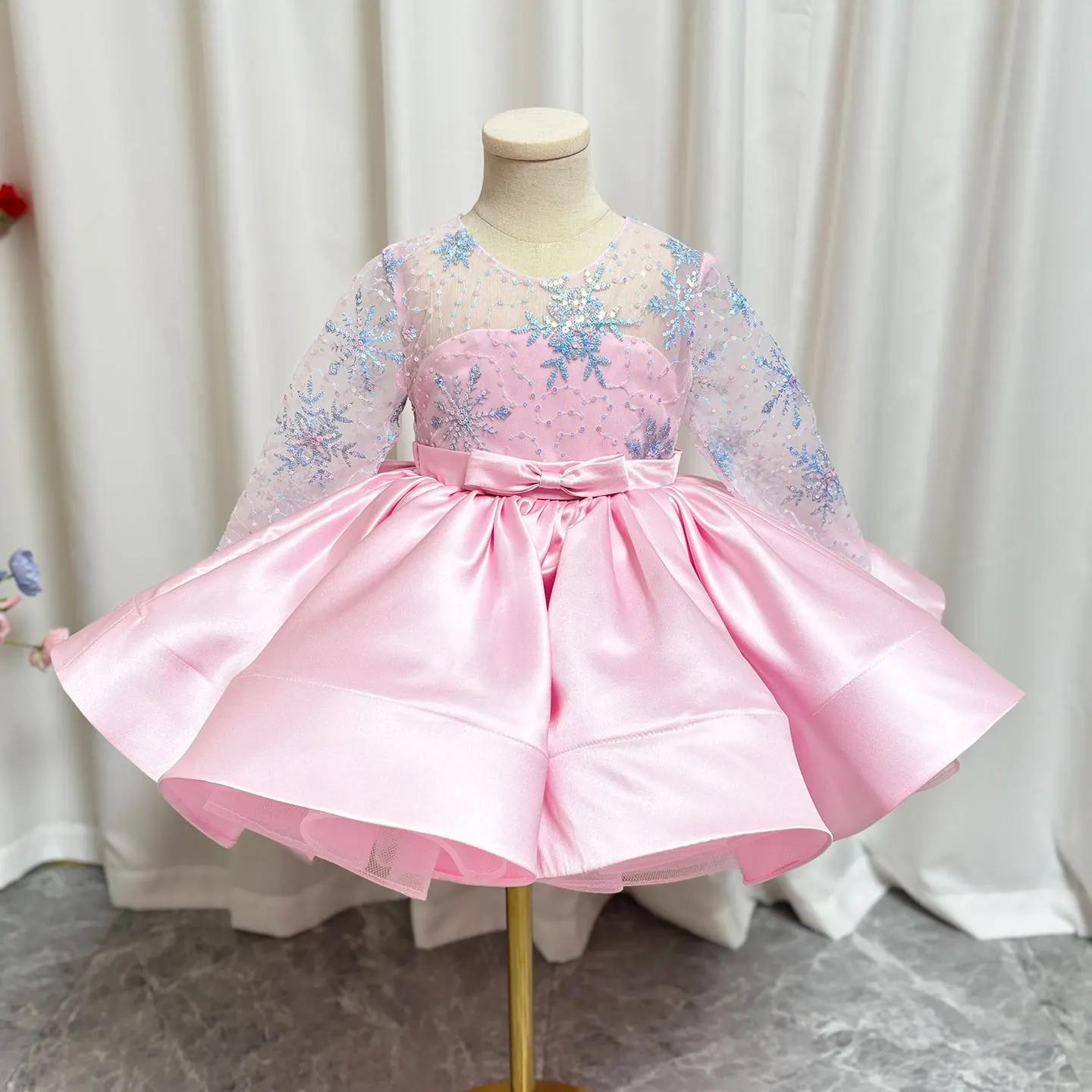 Jill Wish Elegantes rosa Langarm-Blumenmädchenkleid, knielang, arabische Prinzessin, Baby, Hochzeit, Geburtstag, Party, Ballkleid J048