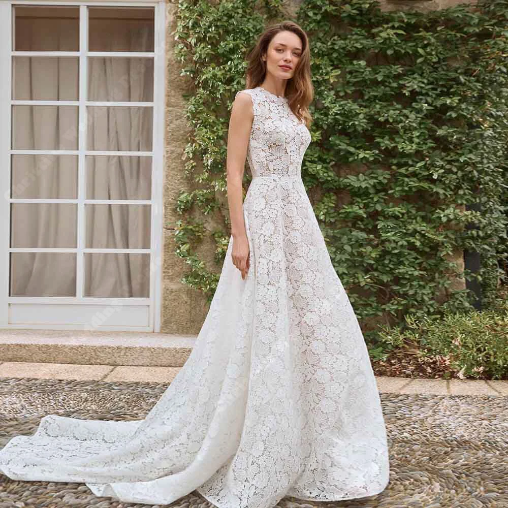 فساتين زفاف نسائية عالية الجودة بياقة دائرية مزينة بالدانتيل فساتين زفاف مأدبة Vestidos De Novias طول الأرض حسب الطلب #1