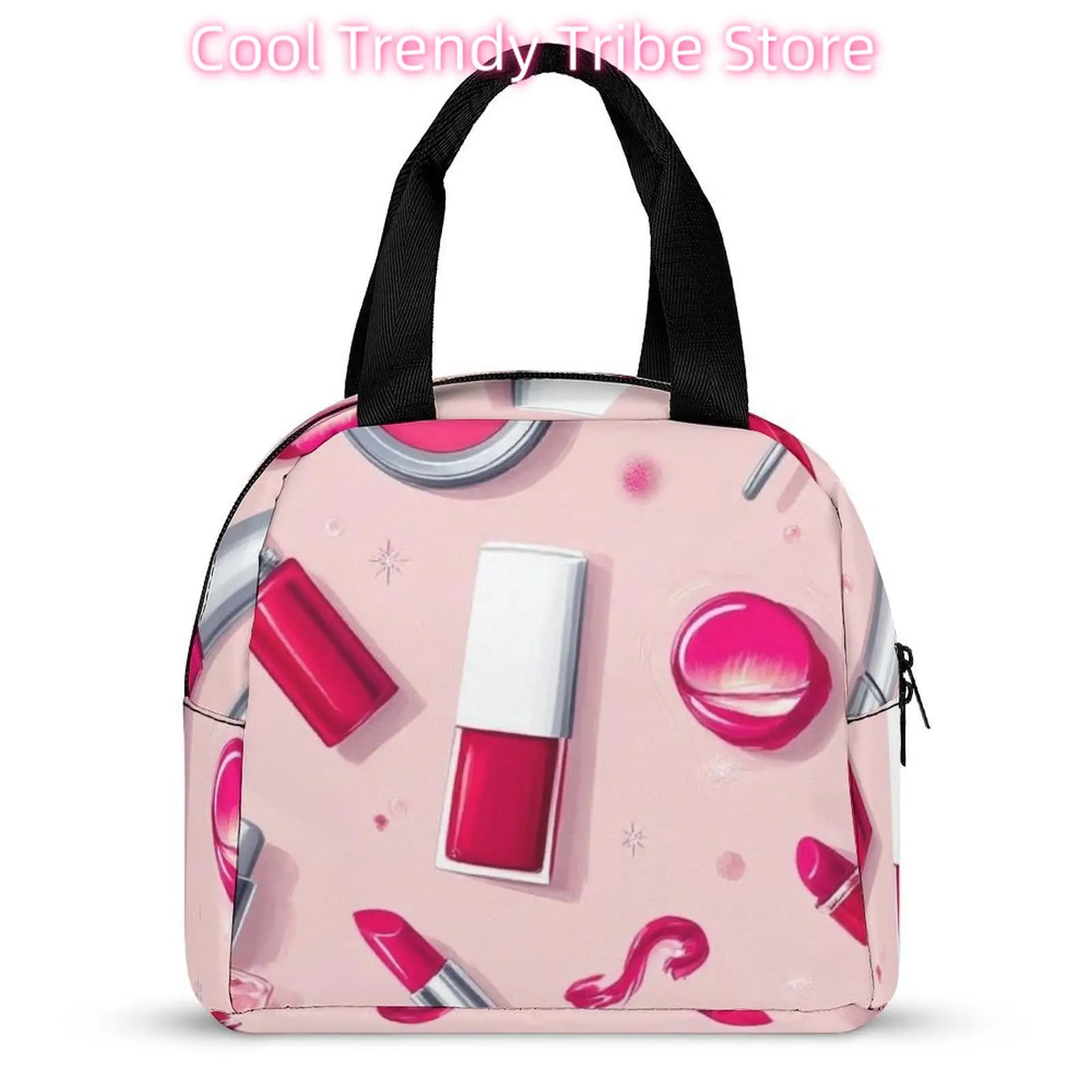 Women's Large Capacity Lunch Bag Heat Preservation Portable Meal Bag Modern Lady Girly Cosmetic Perfume Lipstick Pink