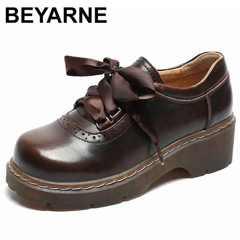 Women Ribbon Lace Up Oxford Shoes Genuine Split Leather Brogues New Arrival Retro Ladies Flats Zapatos De Mujer