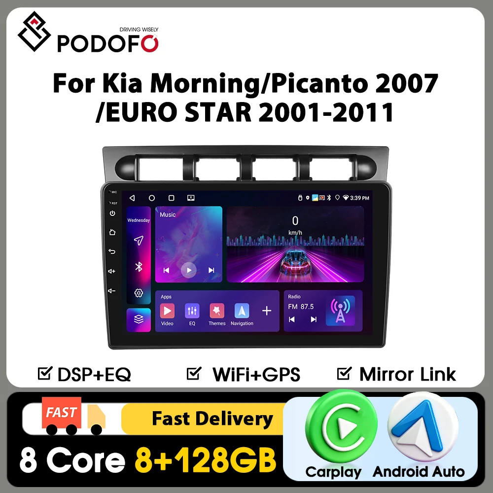 Podofo 9“ Carplay Autoradio für Kia Morning/Picanto 2007/EURO STAR 2001-2011 Intelligentes Autoradio Android Auto GPS-Navigation KI-Sprachsteuerung WIFI 16G FM RDS Mirrorlink Geteilter Bildschirm
