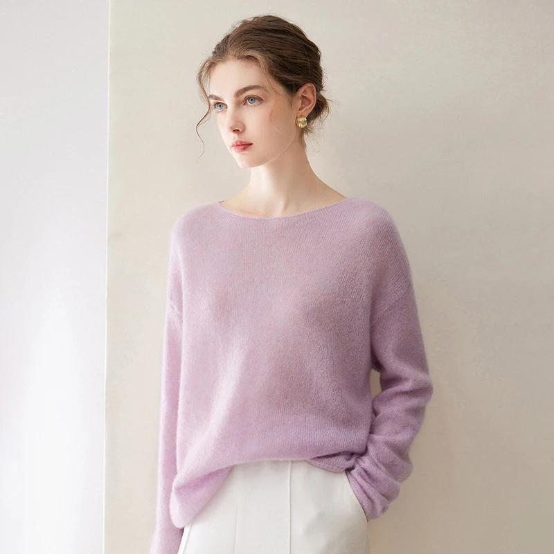 Women's 75% cashmere +25% mulberry silk sweater casual solid color knitted pullover loose round neck Blouse warm Tops Jumper