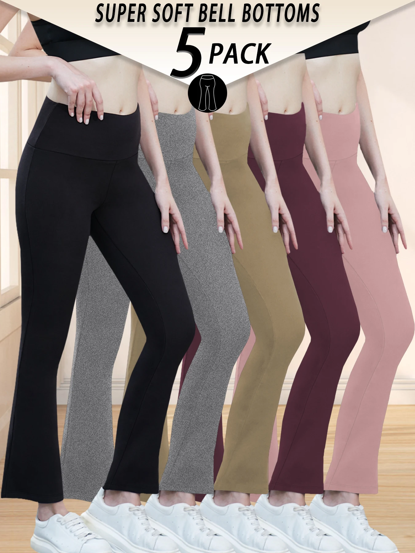 

5 Pack Women's Super Soft Flare Pants High Waisted Tummy Control Workout Yoga Push Up Gym Fitness Leggings Bell Bottoms