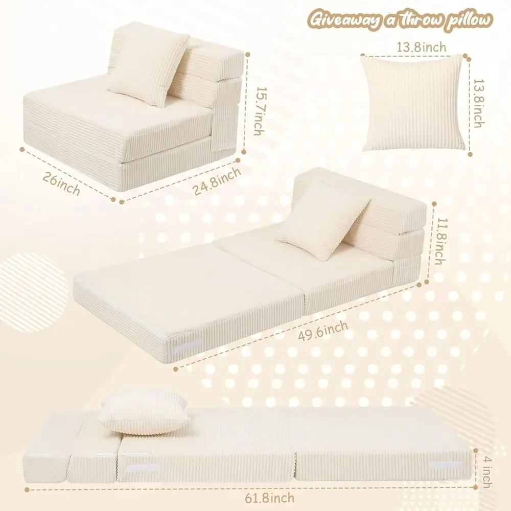 Divano pieghevole compatto per bambini, sedia futon in velluto a coste, mini divano portatile, beige