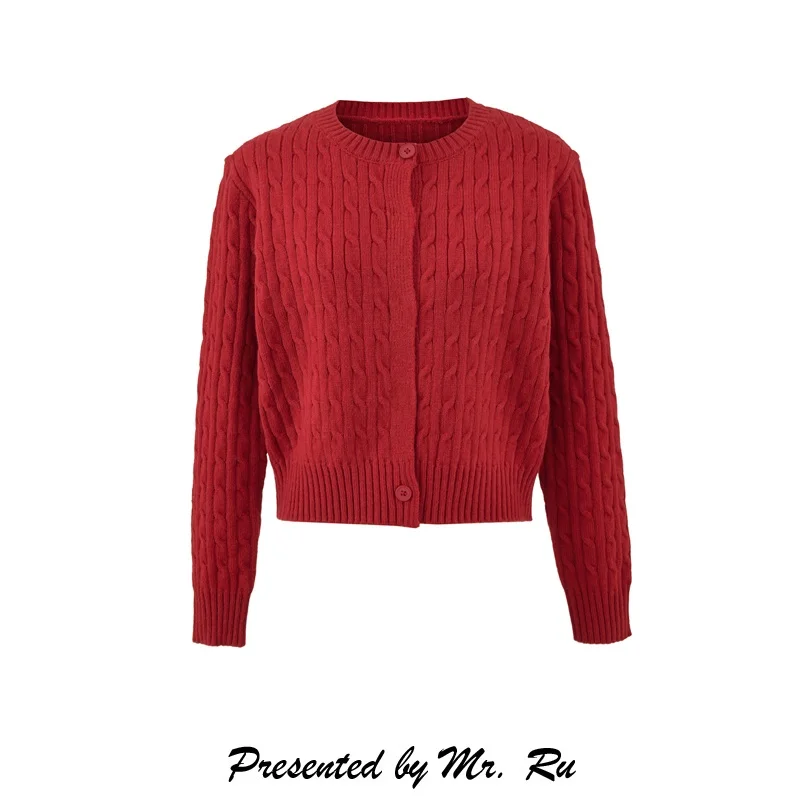 

Retro Sle ort Knitted Twist Sweater Coat round Ne Open Cardigan Women's Waist-Cinching Faion Anti-aging Outerwear