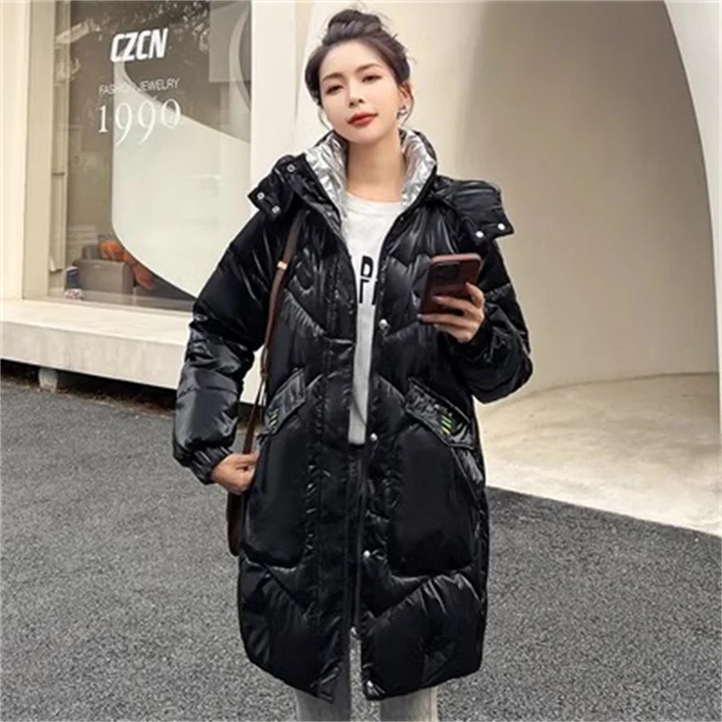 Bright Wash-free Down Cotton-padded Jacket Women\'s Long 2023 New Korean Version Loose Winter Hooded Cotton-padded Jacket Female