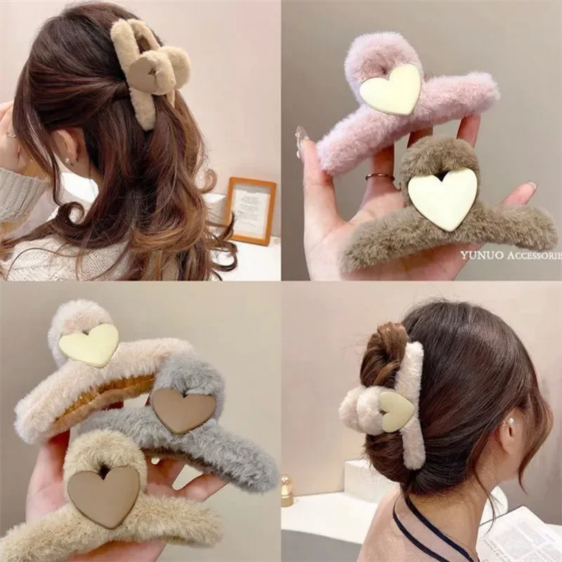 Winter Fluffy Plush Heart Hair Claw Clips Elegant Multicolor Banana Barrettes Women Girls Cute Large Non-Slip Shark Hairpins