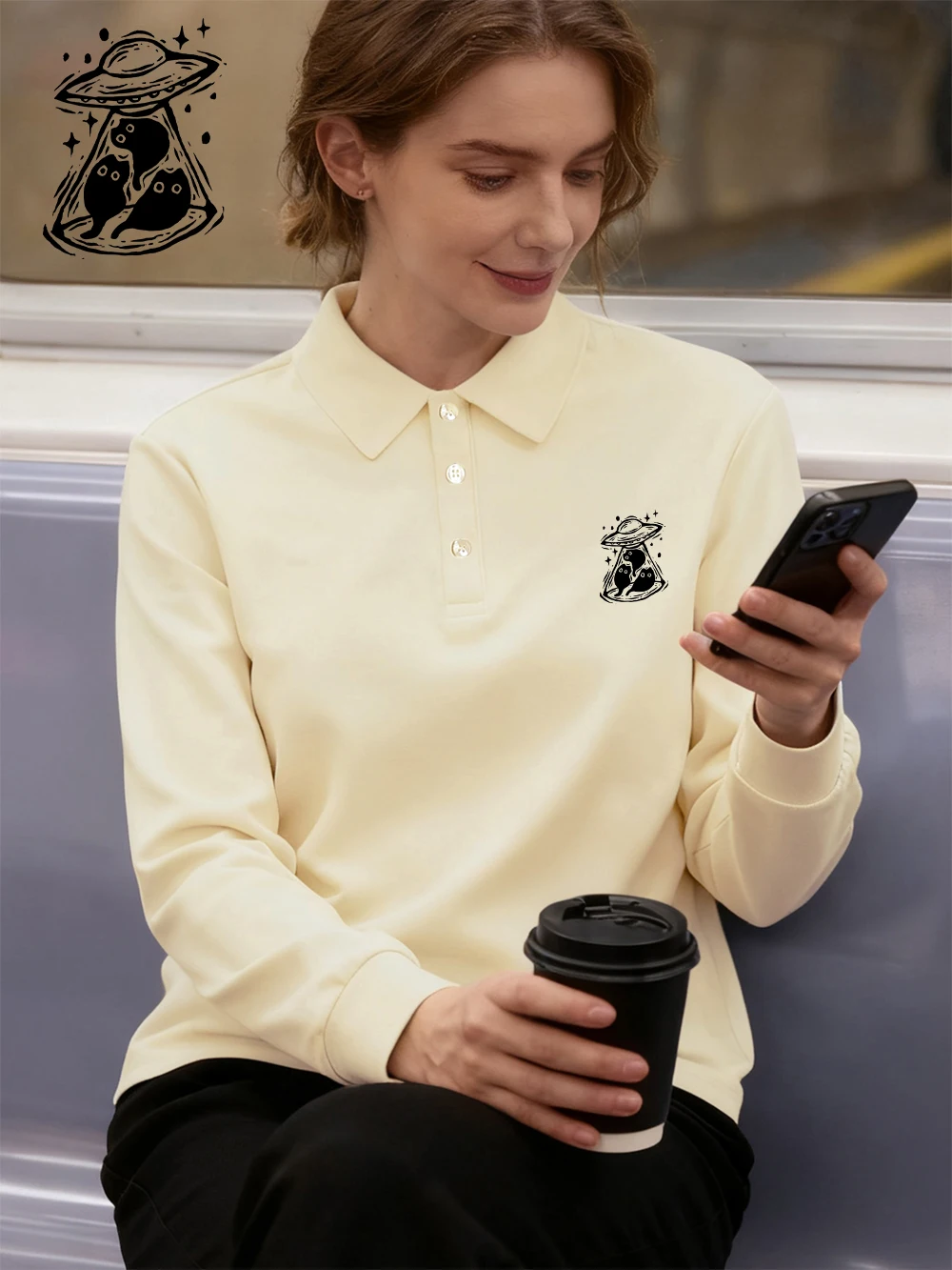 UFO und Alien Druck Poloshirts Damen Herbst Revers T-Shirts schlanke lange Ärmel Golf Shirt Casual Basic Pendeln Damen Tops