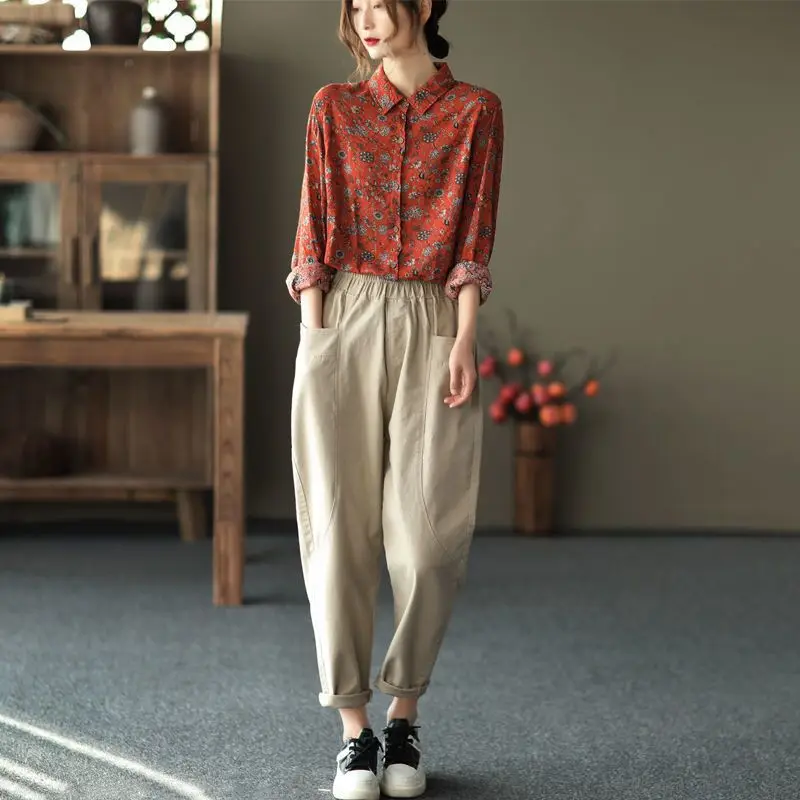 Women Retro Literary Floral Shirt 2026 Spring Autumn Long Sleeve Casual Western Style Loose Top
