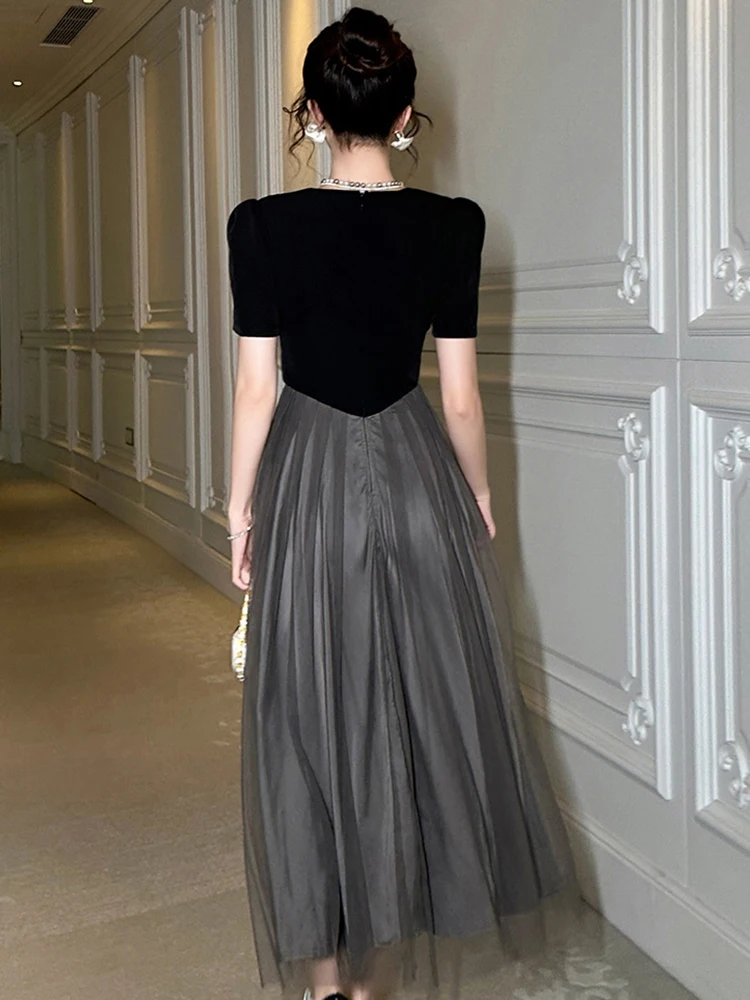 Women's French Elegant Evening Dress for Woman Retro Celebrity Single Breasted Sheer Mesh Swing Robe Female Prom Party Vestidos