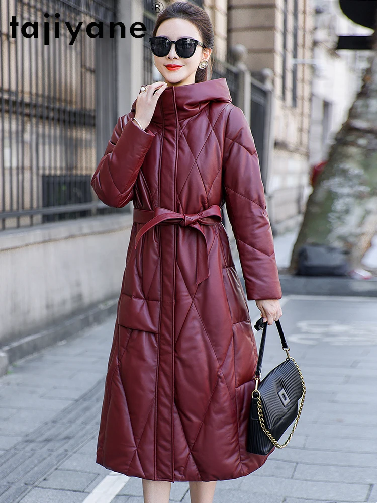 معطف نسائي من TAJIYANE مصنوع من جلد الغنم الحقيقي معاطف نسائية طويلة بحزام نحيف سترة أنيقة من الجلد الطبيعي باللون الأحمر ملابس شتوية للسيدات 2025 신상 Jadicuit #2