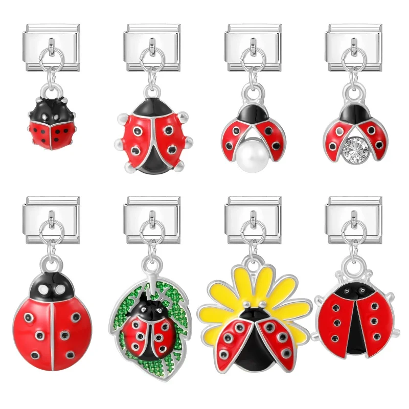 New Ladybug Element Leaf Flower Pendant Italian Charm Links Fit 9mm Stainless Steel Men Women Bracelet DIY Making Gift Wholesale