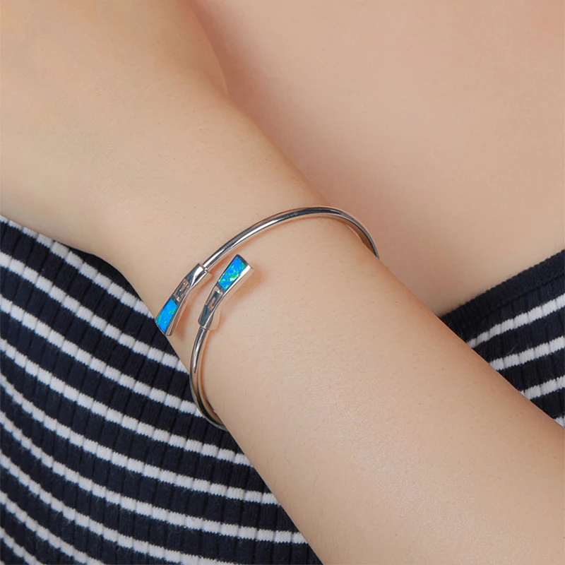 MYOP 925 Silver Gift Faux Blue OPAL Simple Opening Bracelet, A Must-Have For A Gentle Metal Stash