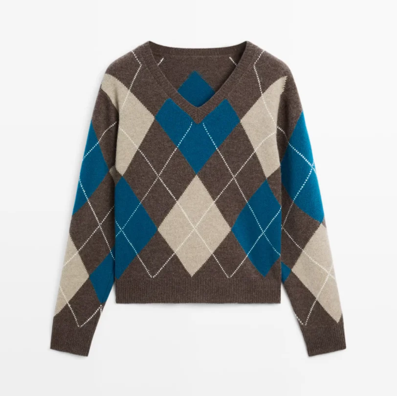 سترة محبوكة من American College Sle V-Ne بنمط ماسي ريترو للنساء قطعة واحدة لموسم خريف 2025 #4