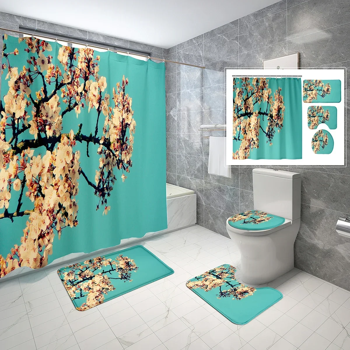 Plum Blossom Shower Curtain Set Nature Tree Branch Pink Flowers 4 Pcs Non-slip Bath Mat Toilet Lid Waterproof Shower Curtain Set