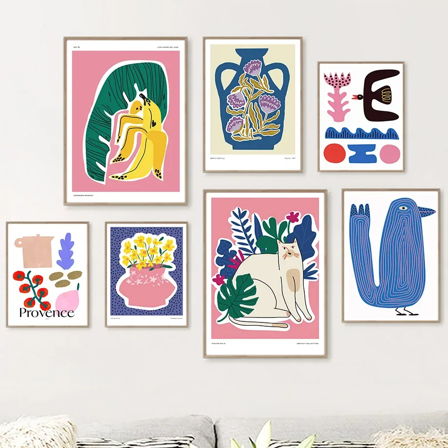 Bunte Vase, Gänseblümchen, Vogel, Katze, Monstera, Poster, Drucke, Wandkunst, abstrakte Bilder, Wohnzimmer, Innenbereich, nordische Leinwandmalerei