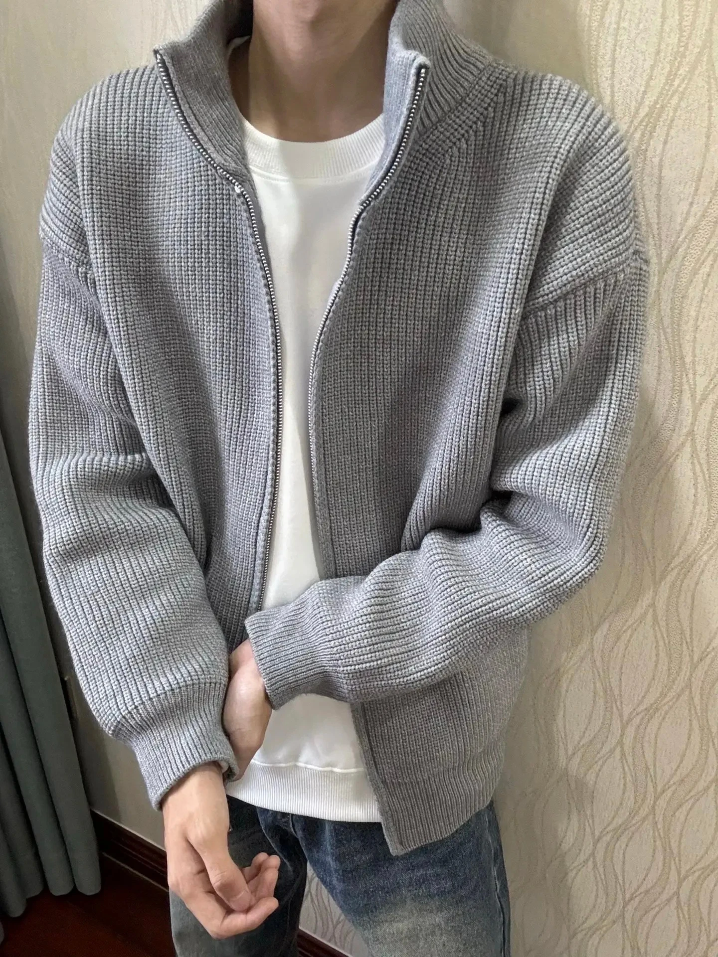 

ay Zip-Up Collar Knitwear Jaet Men's Sle Autumn Winter Lazy Sle Open Cardigan Sweater American Heavyweight Jaet