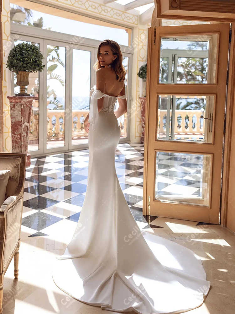 Einfache Satin-Brautkleider, elegante Brautkleider, schulterfrei, Roben, U-Boot-Ausschnitt, Tüll, abgestuft, maßgeschneidert, Vestidos de Novia