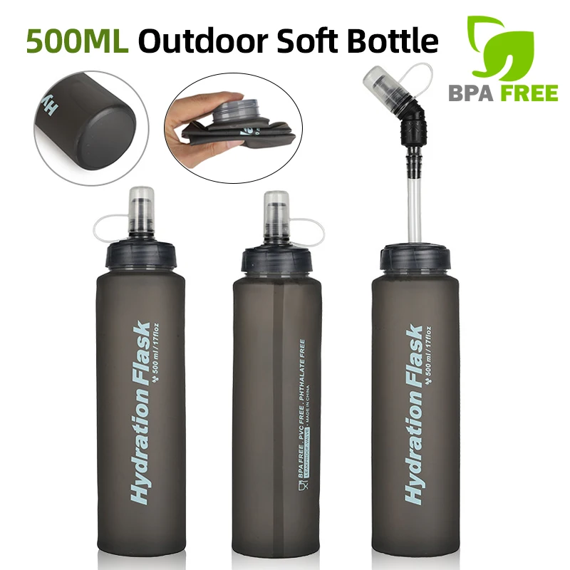 500ML Outdoor Soft Bottle BPA Folding Free Hydration Water Bottle Portable Sports Water Bag for Running Hiking Cycling Climbing