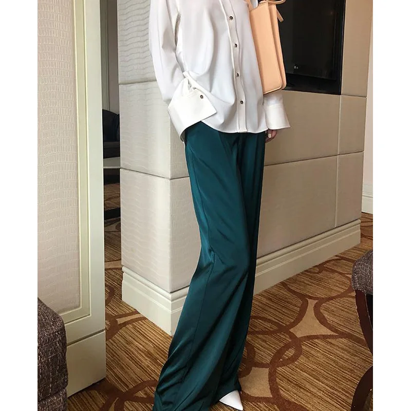 Women\'s Silk Wide-leg Trousers with High Waist Satin Long Summer Pants Women Peacock Green Silk Pants Heavy Silk Trousers