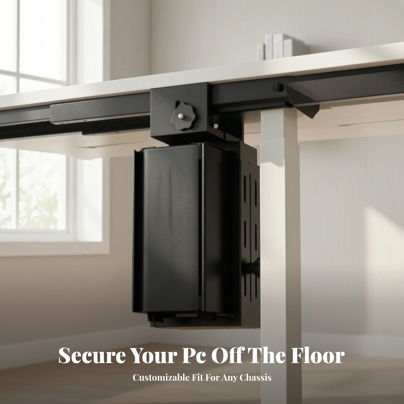Suspended Computer Case Holder Heavy Duty Adjustable PC Case Hanger with Retaining Arms Under-Desk Computer Chassis Mount Black