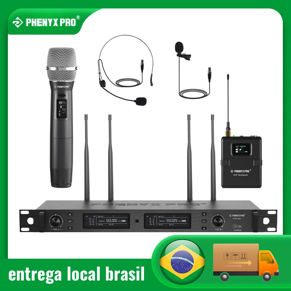 Do Brasil Sistema de microfone sem fio Phenyx Pro, conjunto de microfone duplo sem fio True Diversity com varredura automática,