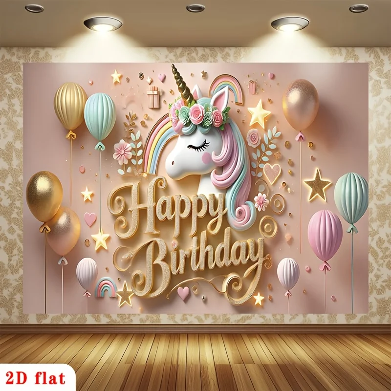 2D 1-teiliges Magisches Einhorn Happy Birthday Banner, Goldene Kalligrafie Pastellfarbene Luftballons Polyester-Hintergrund, Keine Stromversorgung Erforderlich