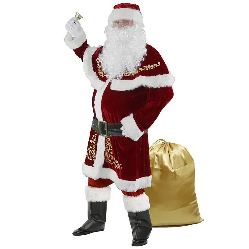 Family Christmas Costumes for Men Boy Santa Claus Cosplay Christmas Head Tops Pants Bell Foot Set Gift Bag Suits M-6XL Plus Size