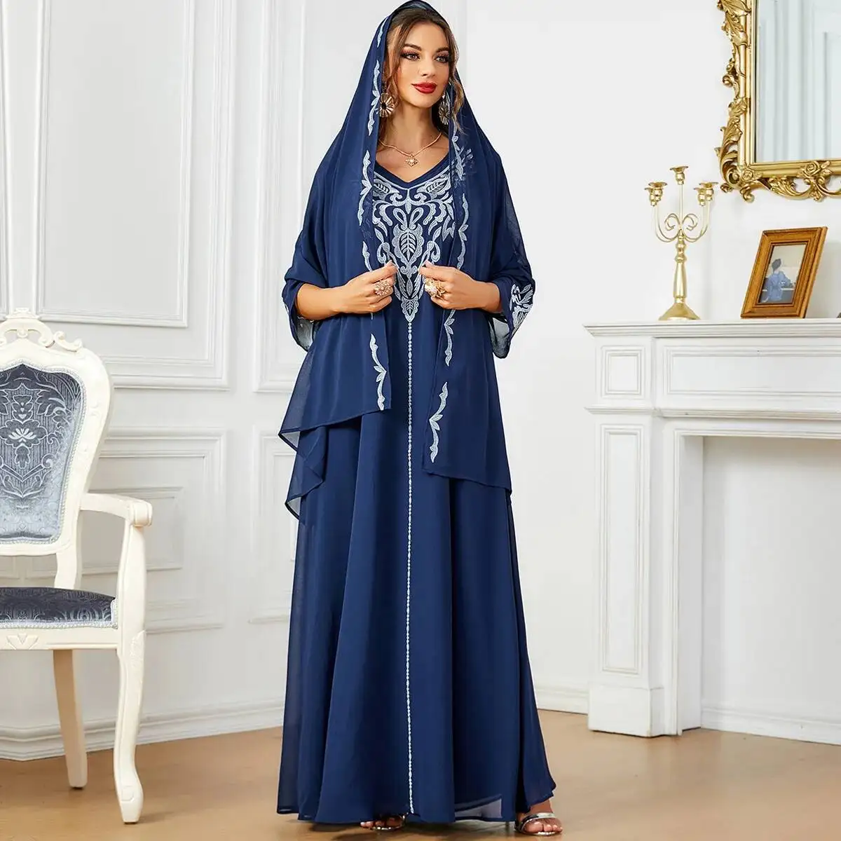 

Women's New Ethnic Style Embroidered Solid Color Abaya Elegant V-neck Jalabiya Dress Abaya Ramadan Dubai Luxury Islam Elegant