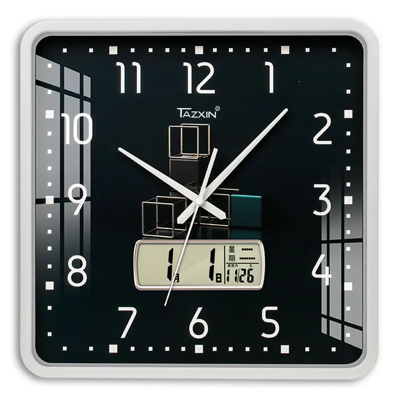 14 Inch Modern Square Wall Clock Silent Non Ticking Quality High Quartz Wall Clock with Digital Calendar Week Display Home Decor