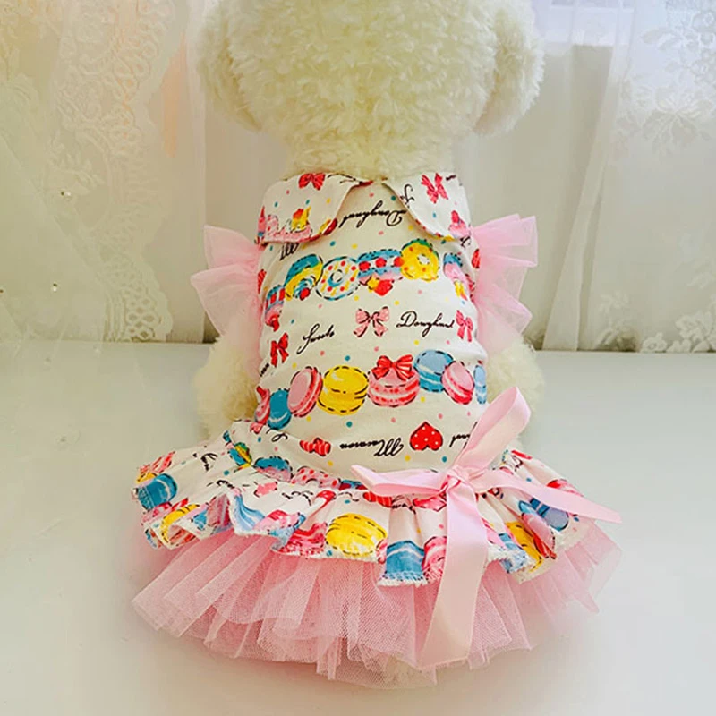 Strawberry Print Dress Pet Cupcake Dress Dog Skirt Princess Dress Bow Tie Lace Edge Doll Collar Girls Cat Clothes Pet Supplies