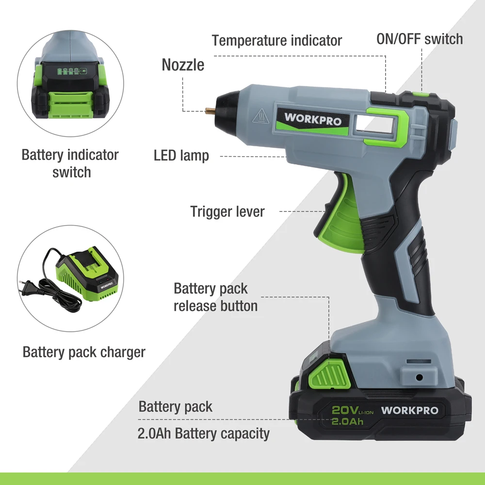 WORKPRO 20V Cordless Hot Glue Gun with 12pcs Glue Sticks Hot Melt Welding Hot Air Gun for Crafts & DIY & Repairs Power Tool