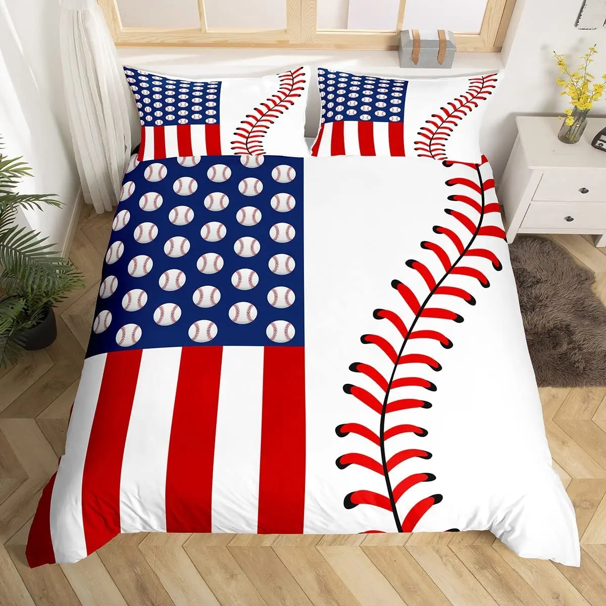 

Baseball Comforter Cover Sports Bedding Set for Boys Girls 3D Ball Pattern Red White Duvet Cover Baseball Queen Size Quilt Cover