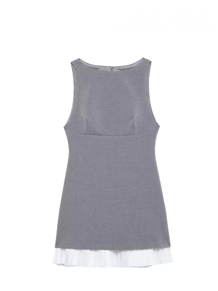HH Women\'s High Street Sexy Dress Grey O-Neck Sleeveless Patchwork Decorate Zipper Female Summer Fashion Mini Dresses