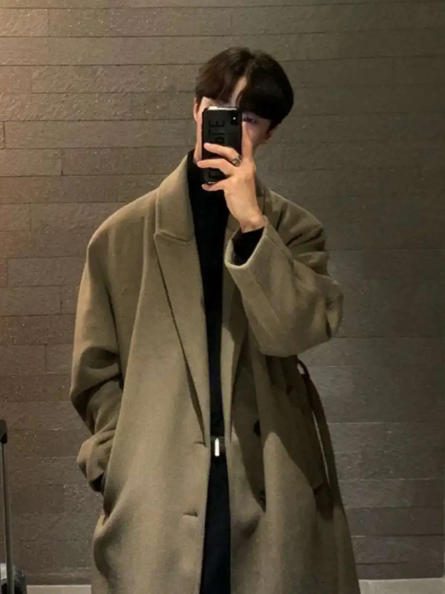 

Over-Knee Men's Woolen Coat Autumn Winter Thiened Medium-Length Trendy Vintage INS Loose Fit Faionable Youth Casual Coat